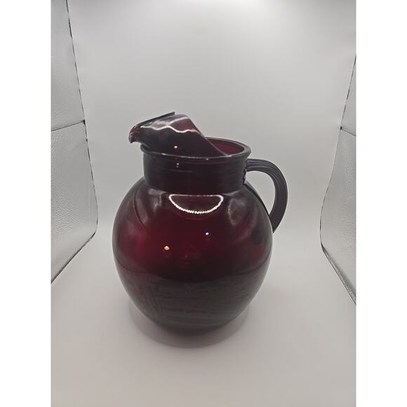 Vintage MCM Anchor Hocking Royal Ruby Red Glass Large Ball Ice Lip Pitcher 3 qts - Picture 1 of 3